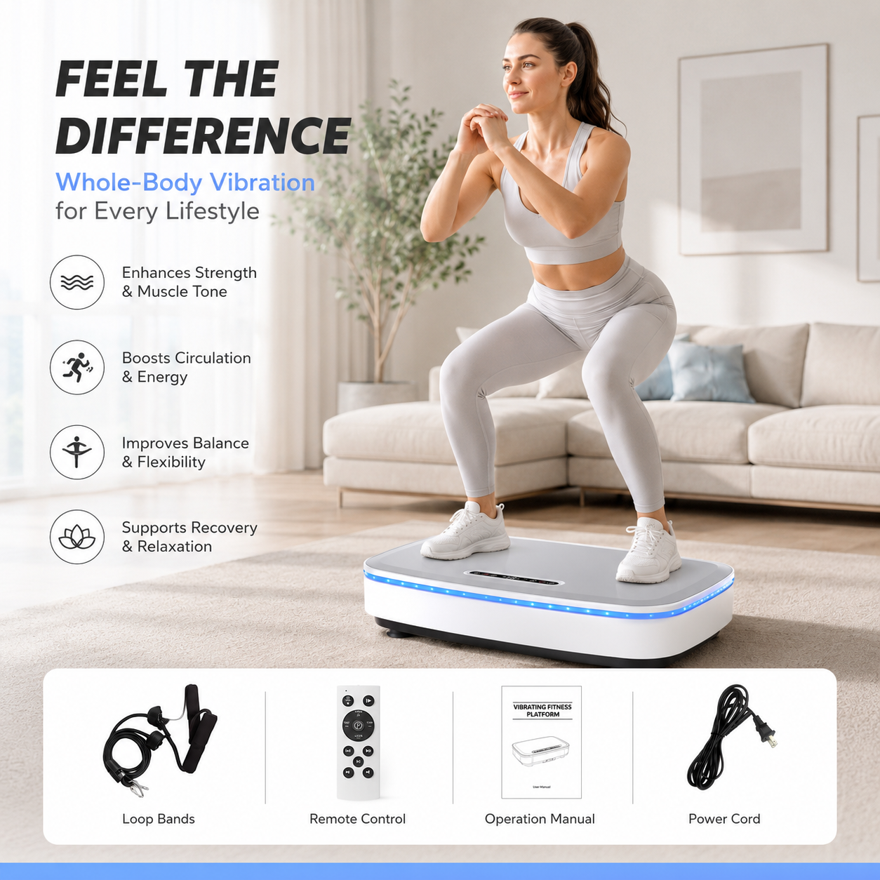Helkropsvibrationsplade med Bluetooth, LED-lys og modstandsbånd