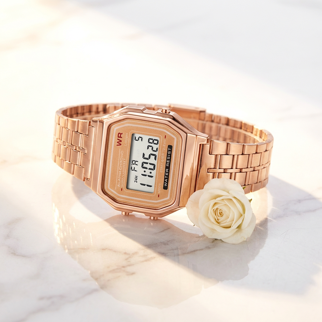 Retro Digital Watch – Rose Gold & Silver