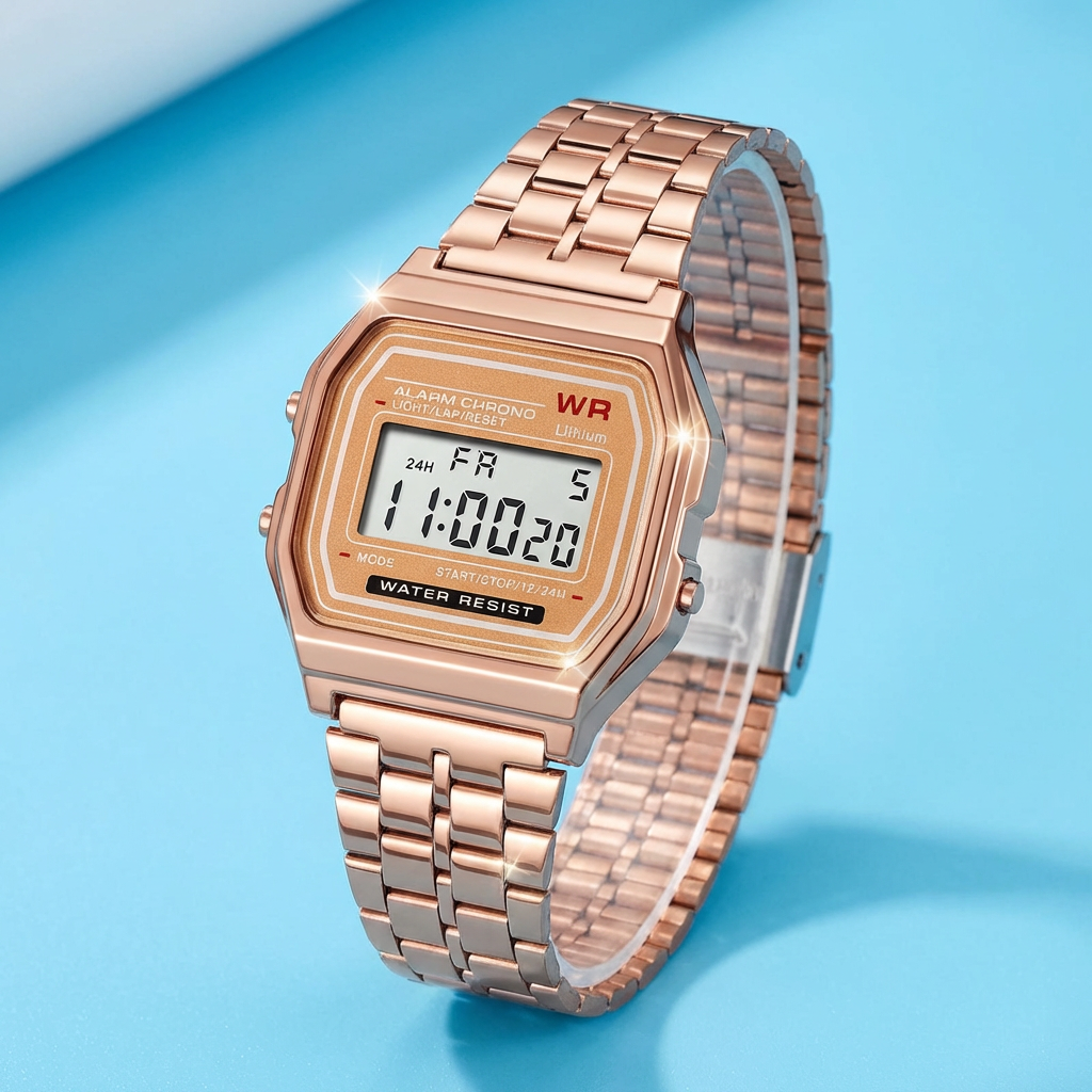 Retro Digital Watch – Rose Gold & Silver