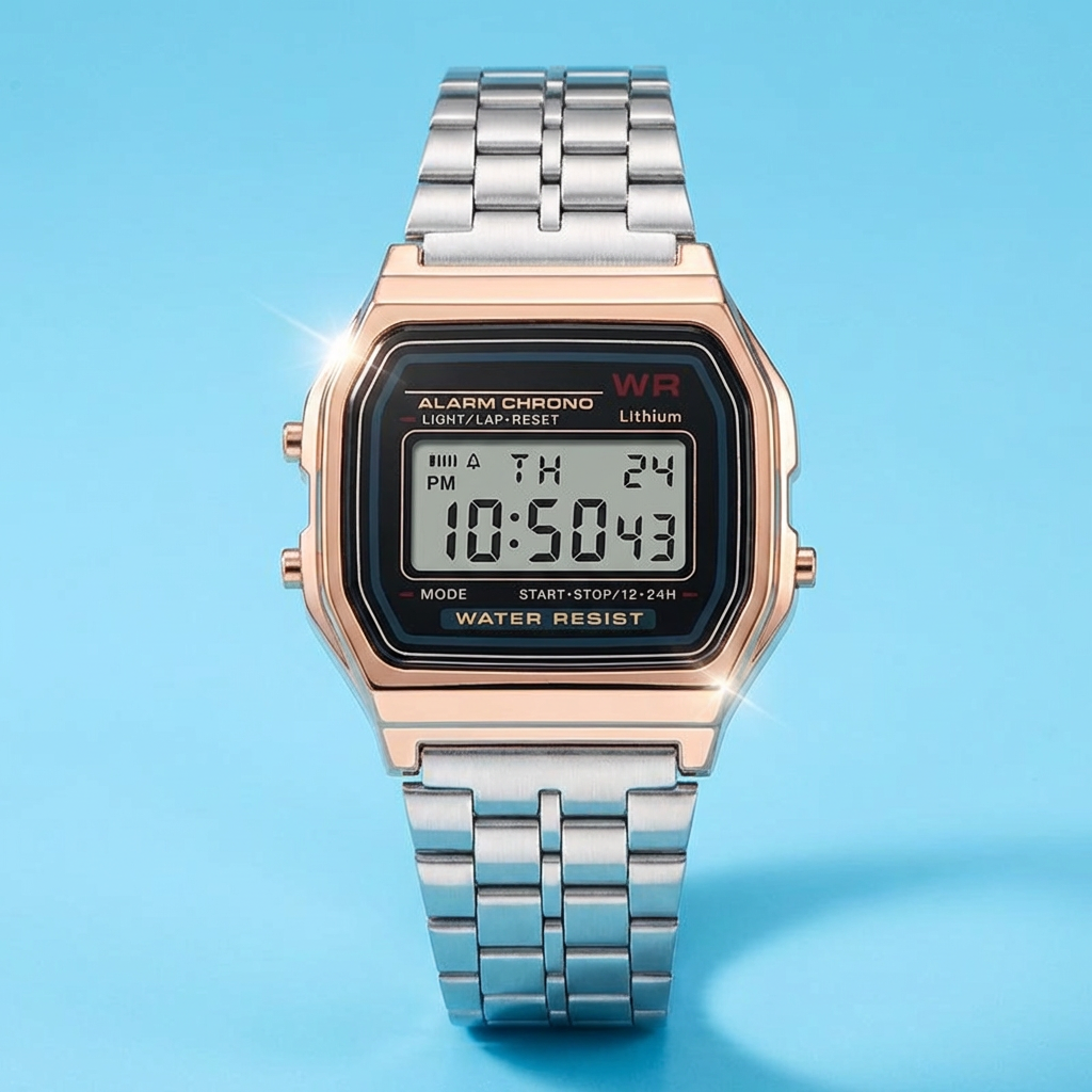 Retro Digital Watch – Rose Gold & Silver