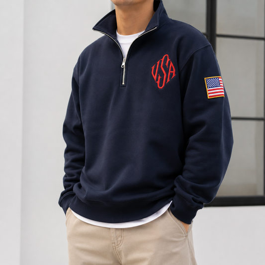 Retro Quarter-Zip Embroidered USA Sweatshirt