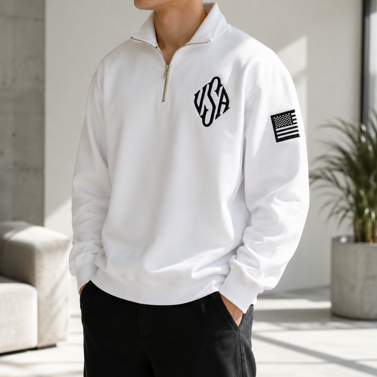 Retro Quarter-Zip Embroidered USA Sweatshirt