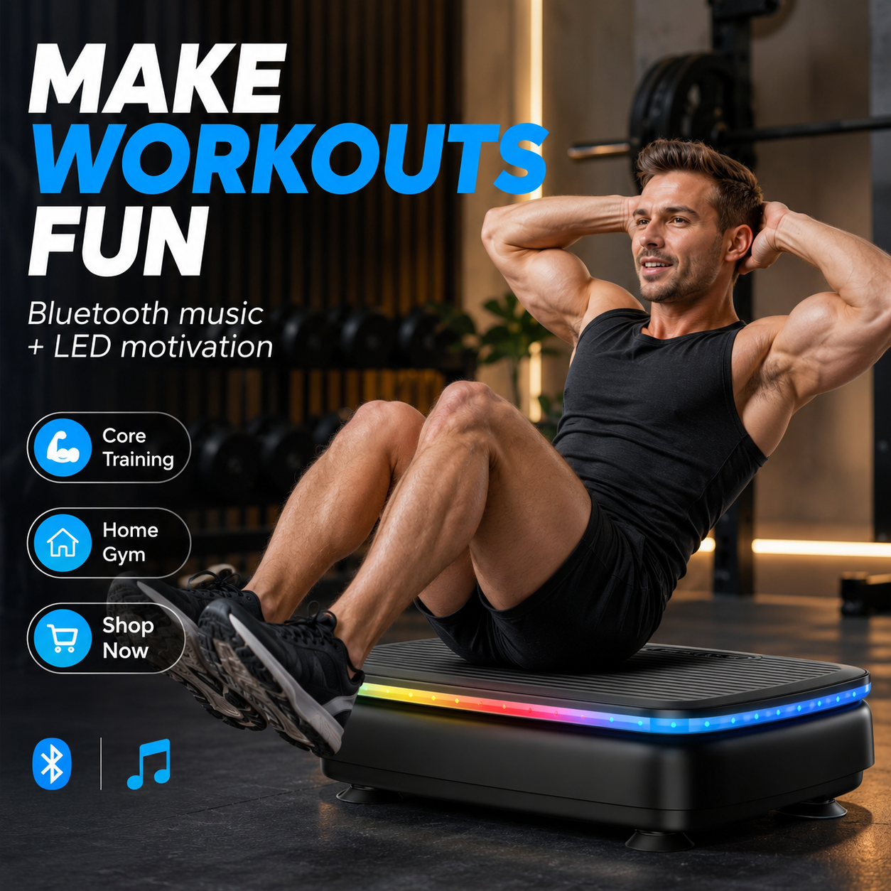 Vibrační plošina pro celé tělo s Bluetooth, LED světly a odporovými pásy