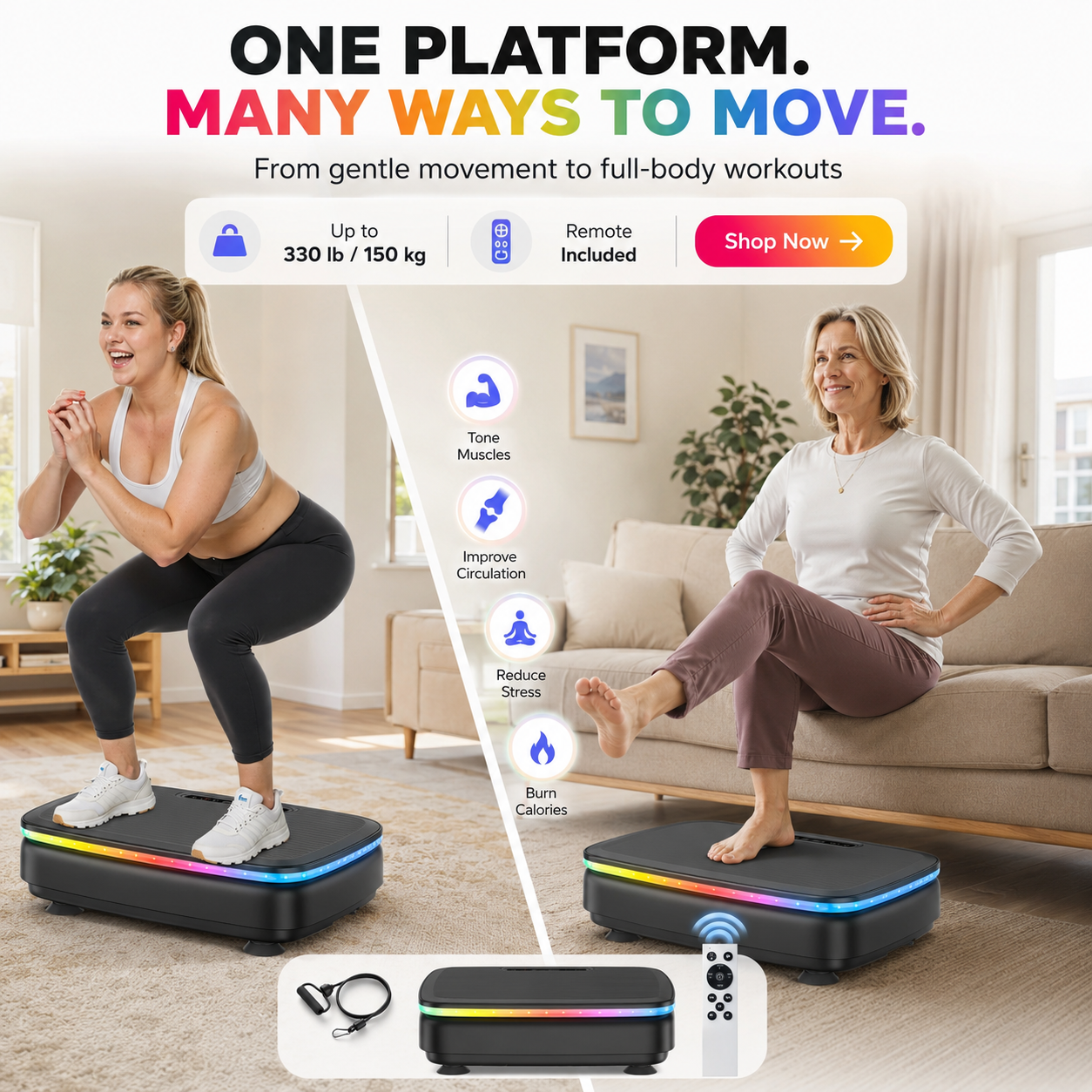 Vibrační plošina pro celé tělo s Bluetooth, LED světly a odporovými pásy