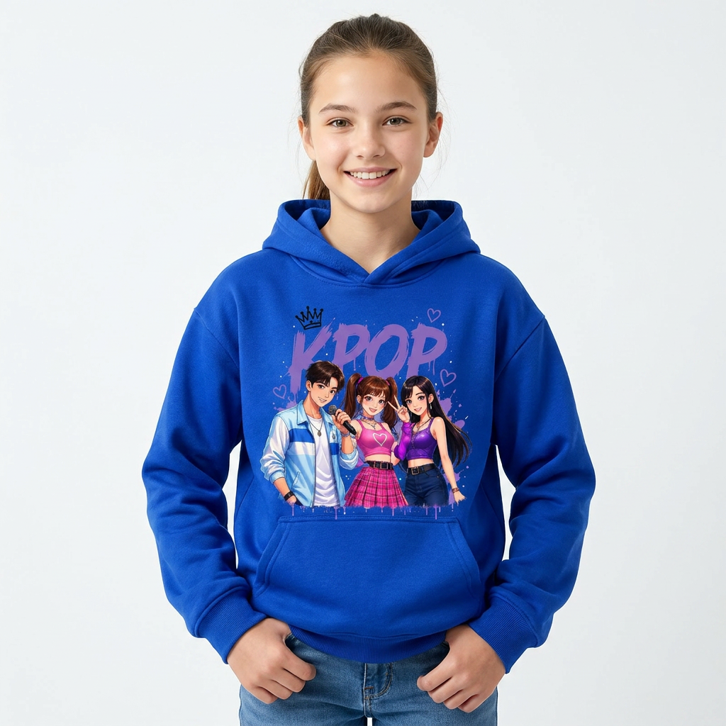 Moletom em várias cores da coleção K-Pop para crianças de 3 a 14 anos.