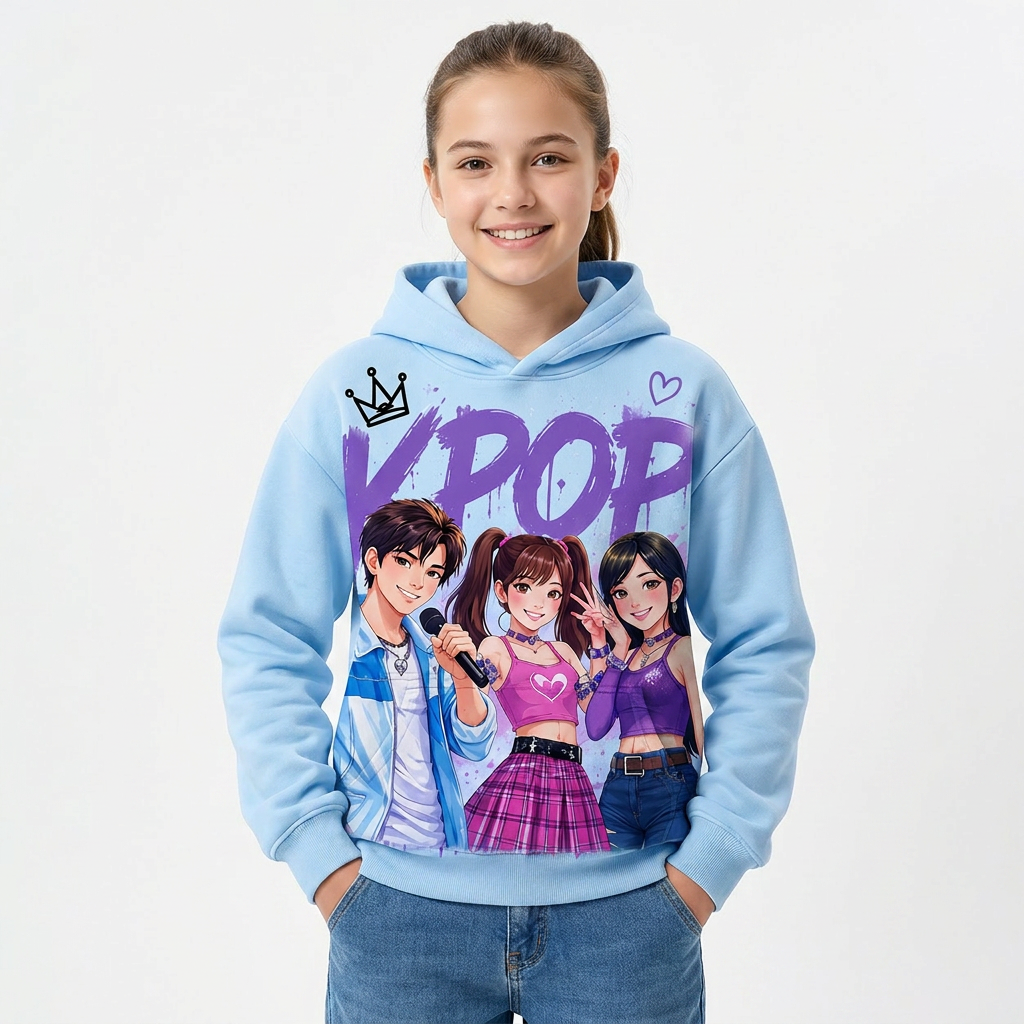 Moletom em várias cores da coleção K-Pop para crianças de 3 a 14 anos.