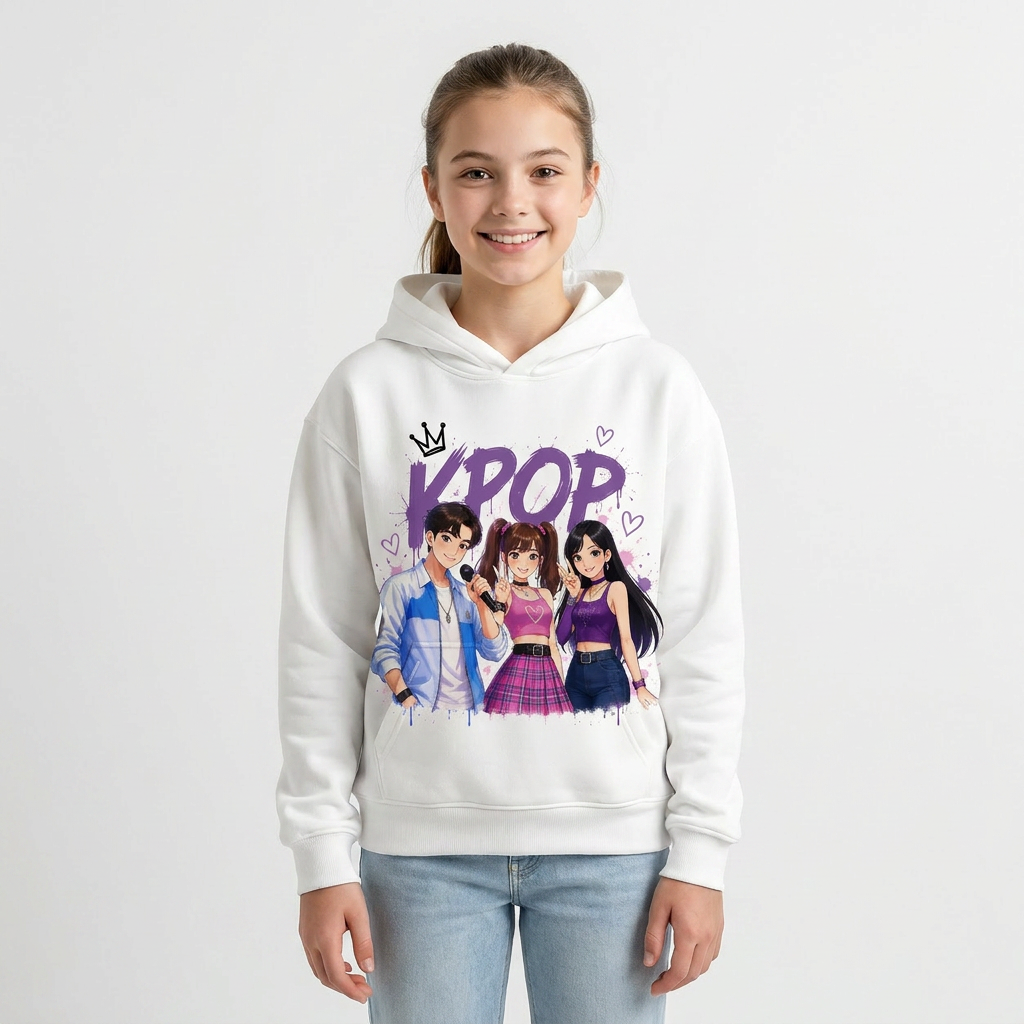 Moletom em várias cores da coleção K-Pop para crianças de 3 a 14 anos.
