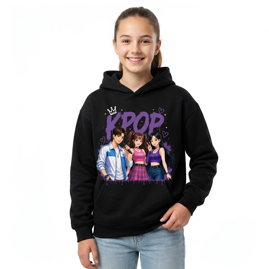 Moletom em várias cores da coleção K-Pop para crianças de 3 a 14 anos.