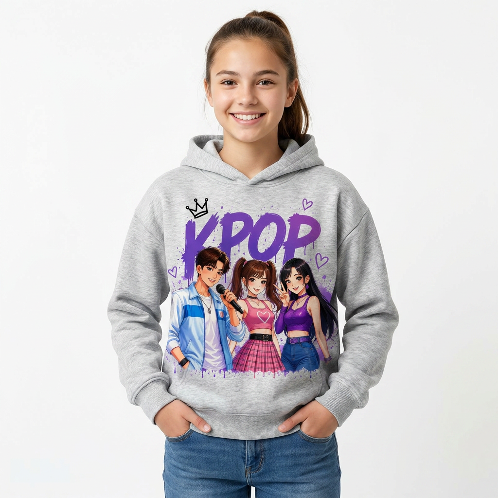 Moletom em várias cores da coleção K-Pop para crianças de 3 a 14 anos.