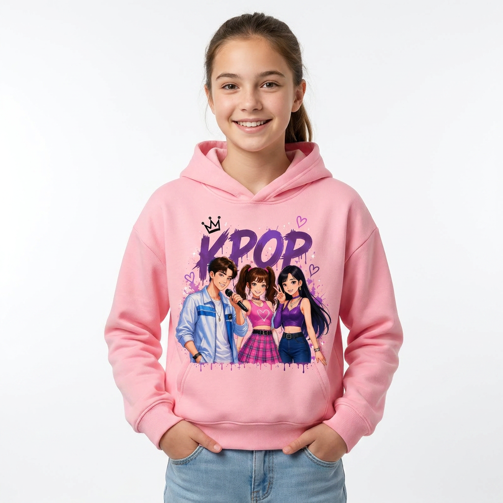 Moletom em várias cores da coleção K-Pop para crianças de 3 a 14 anos.