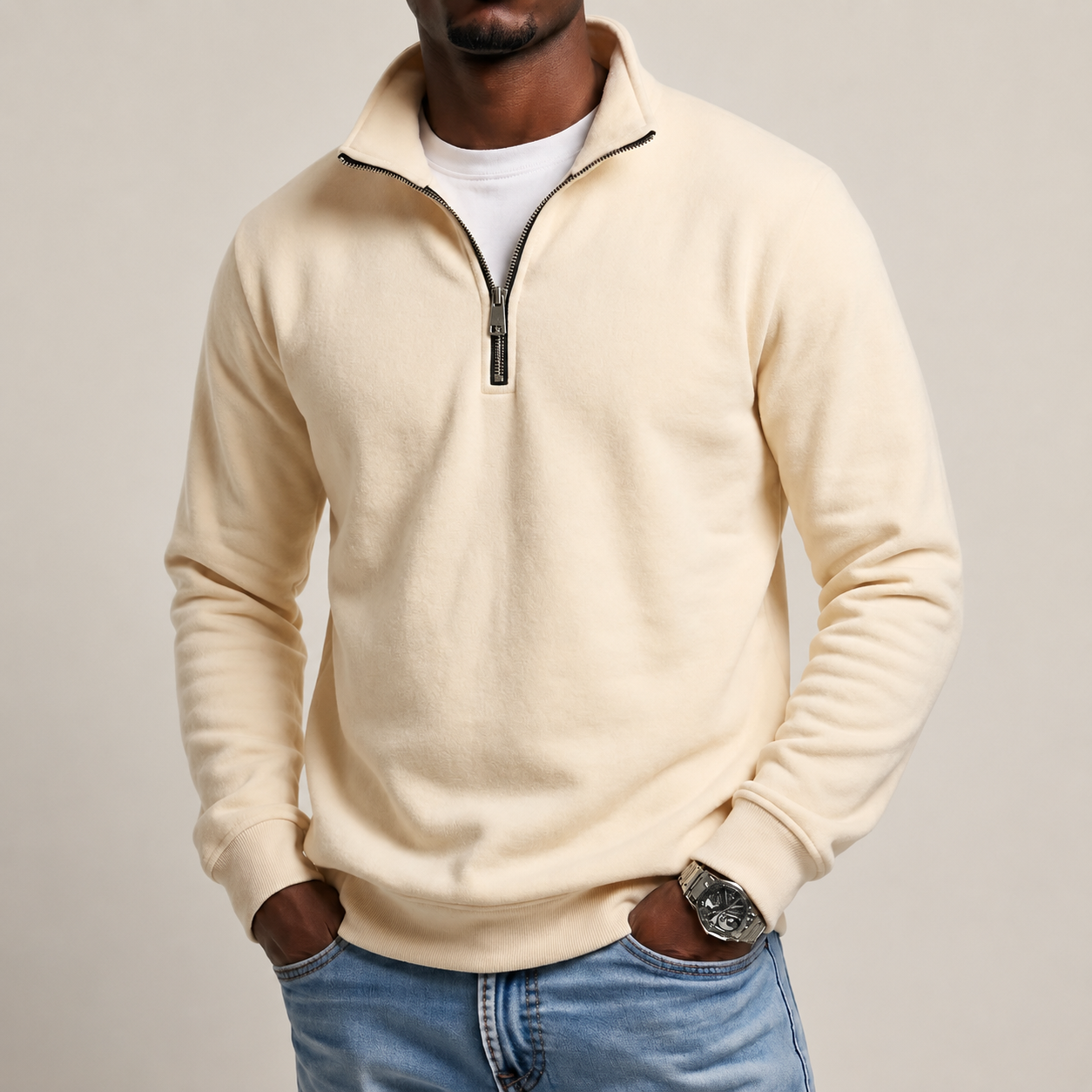 Pull à col zippé pour homme toutes saisons — Sweat-shirt doux et décontracté