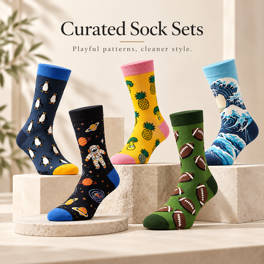 5-Pair Patterned Crew Socks – Men & Women