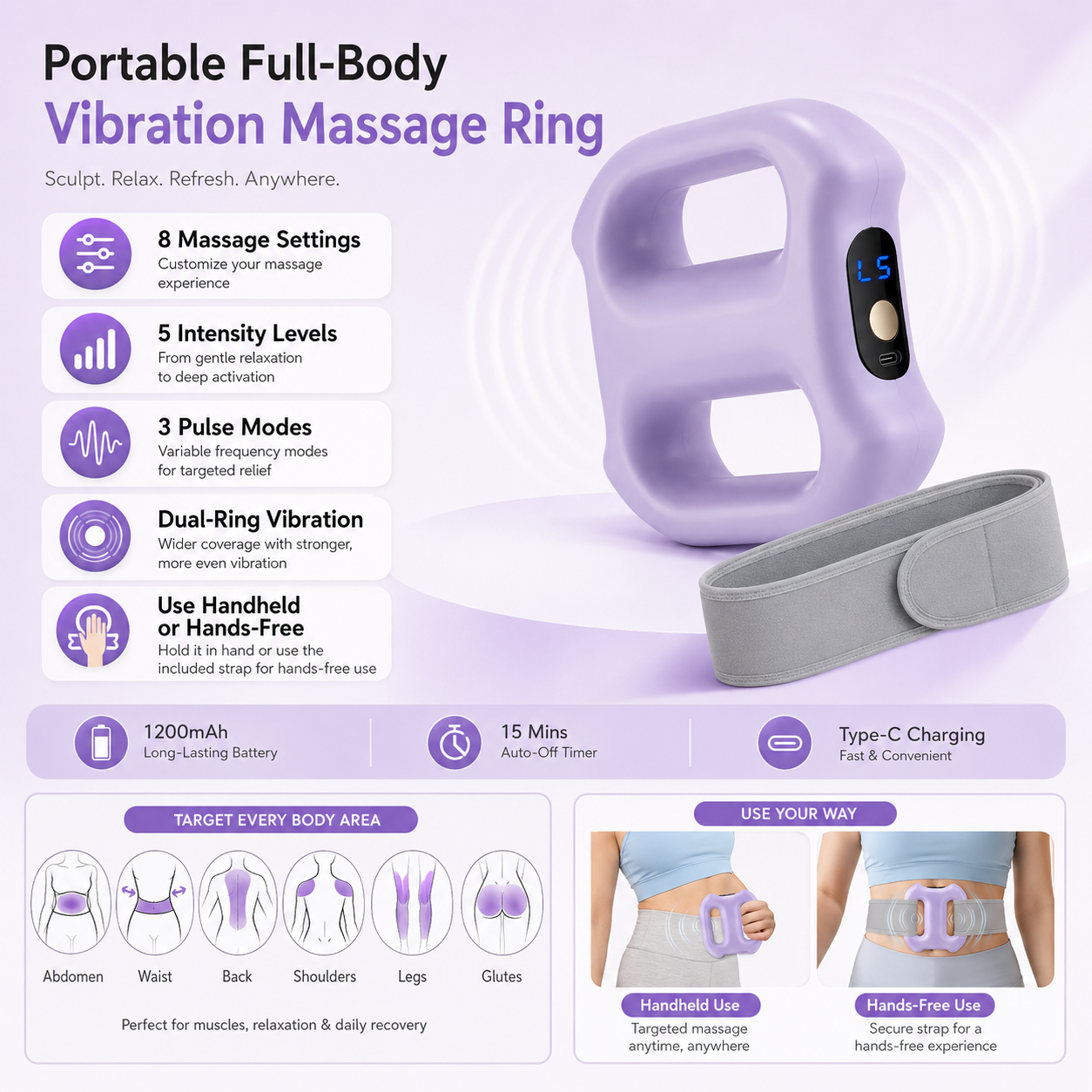 Portable Full-Body Vibration Massage Ring – 8 Massage Settings & Hands-Free Strap