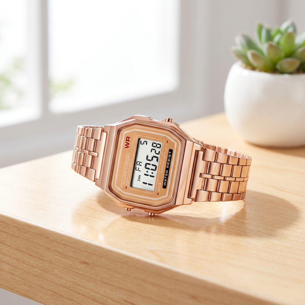 Retro Digital Watch – Rose Gold & Silver
