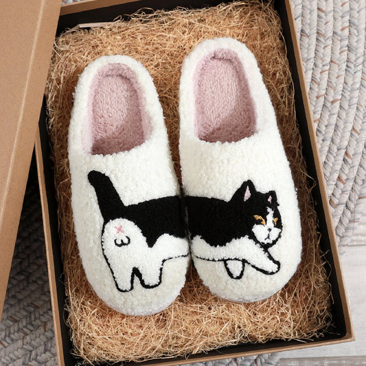 Cow Cat Embroidered Cozy Slippers – Warm & Non-Slip