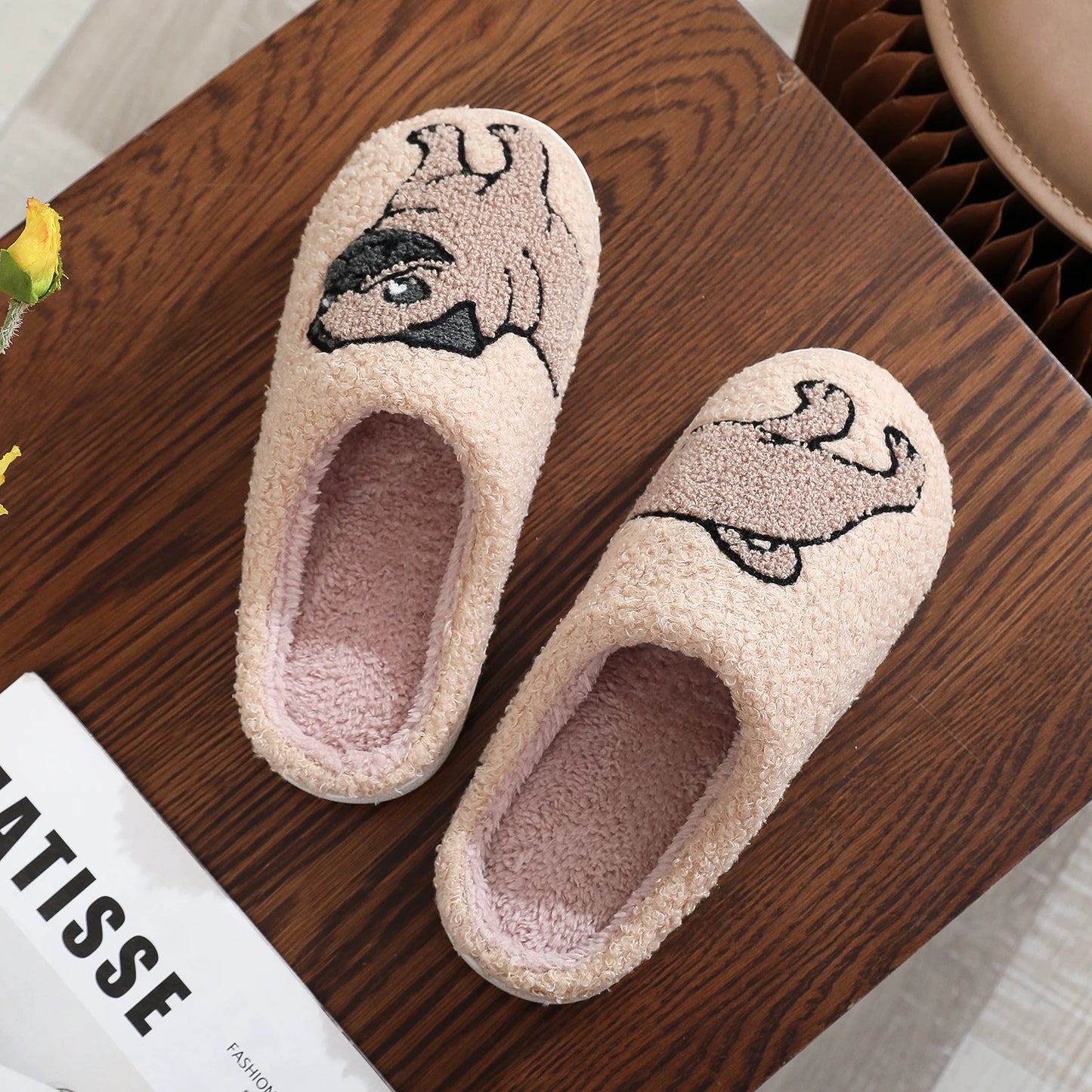Pug Embroidered Cozy Slippers – Warm & Non-Slip