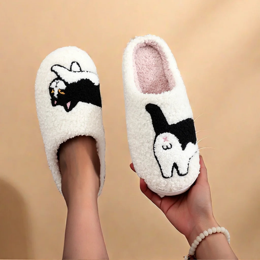 Cow Cat Embroidered Cozy Slippers – Warm & Non-Slip