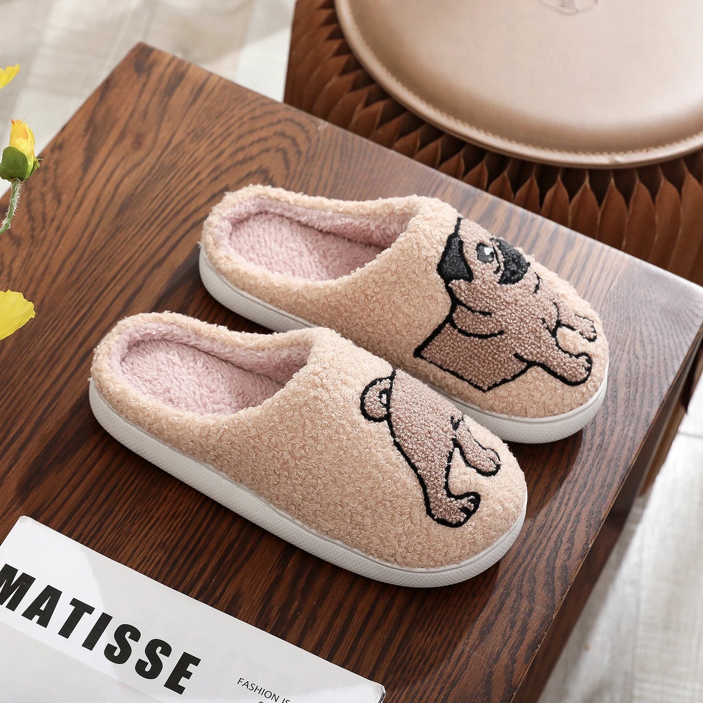 Pug Embroidered Cozy Slippers – Warm & Non-Slip