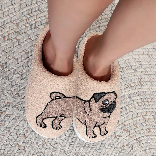 Pug Embroidered Cozy Slippers – Warm & Non-Slip