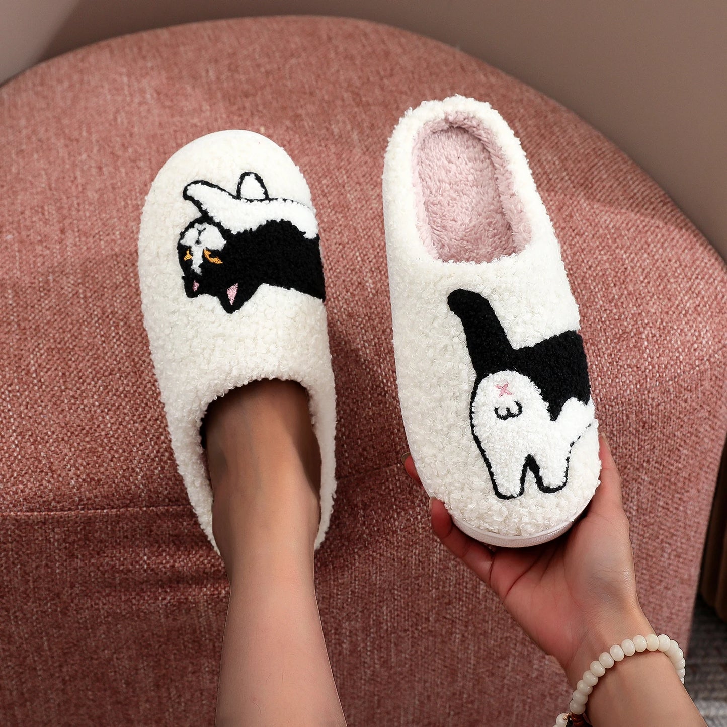 Cow Cat Embroidered Cozy Slippers – Warm & Non-Slip