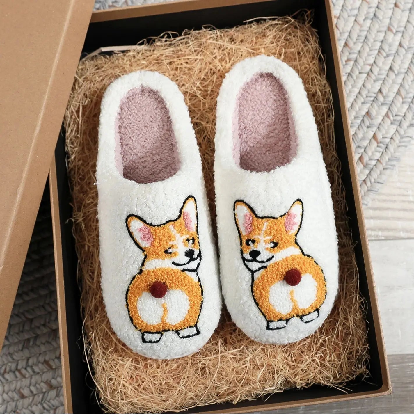 Corgi Embroidered Cozy Slippers – Warm & Non-Slip