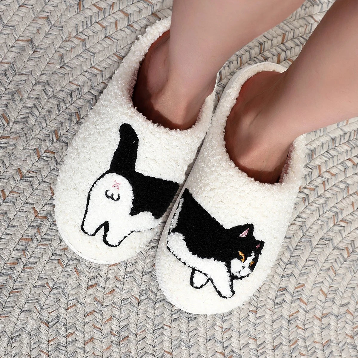 Cow Cat Embroidered Cozy Slippers – Warm & Non-Slip