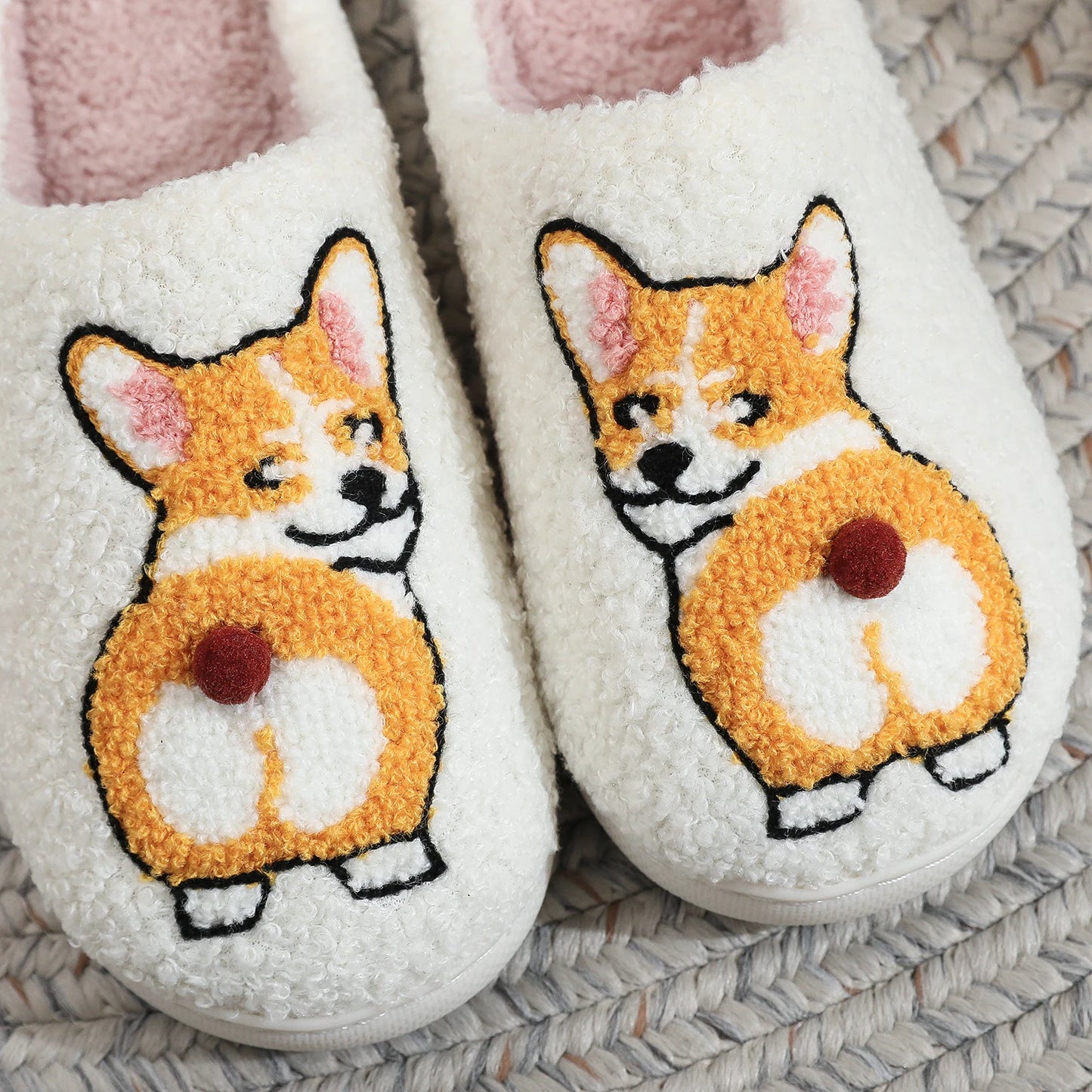 Corgi Embroidered Cozy Slippers – Warm & Non-Slip