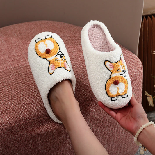 Corgi Embroidered Cozy Slippers – Warm & Non-Slip