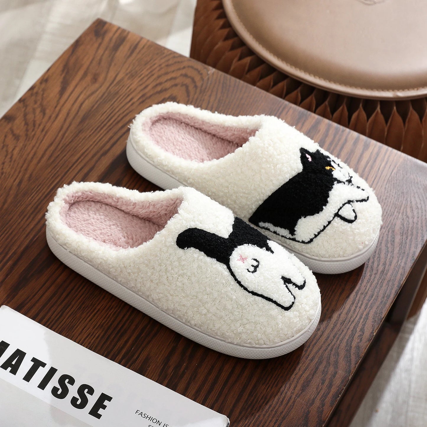 Cow Cat Embroidered Cozy Slippers – Warm & Non-Slip