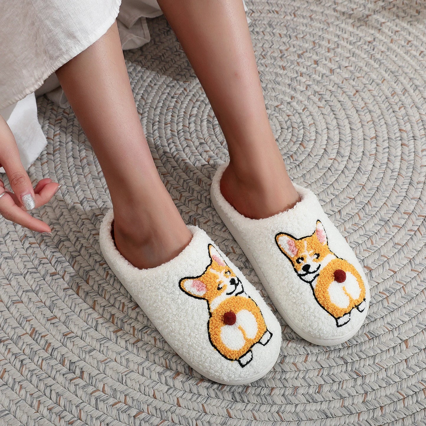 Corgi Embroidered Cozy Slippers – Warm & Non-Slip
