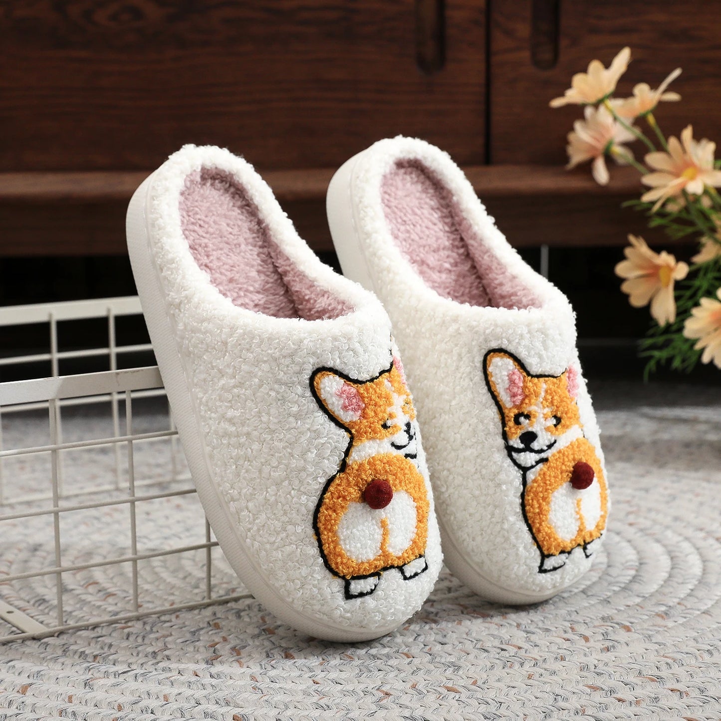 Corgi Embroidered Cozy Slippers – Warm & Non-Slip