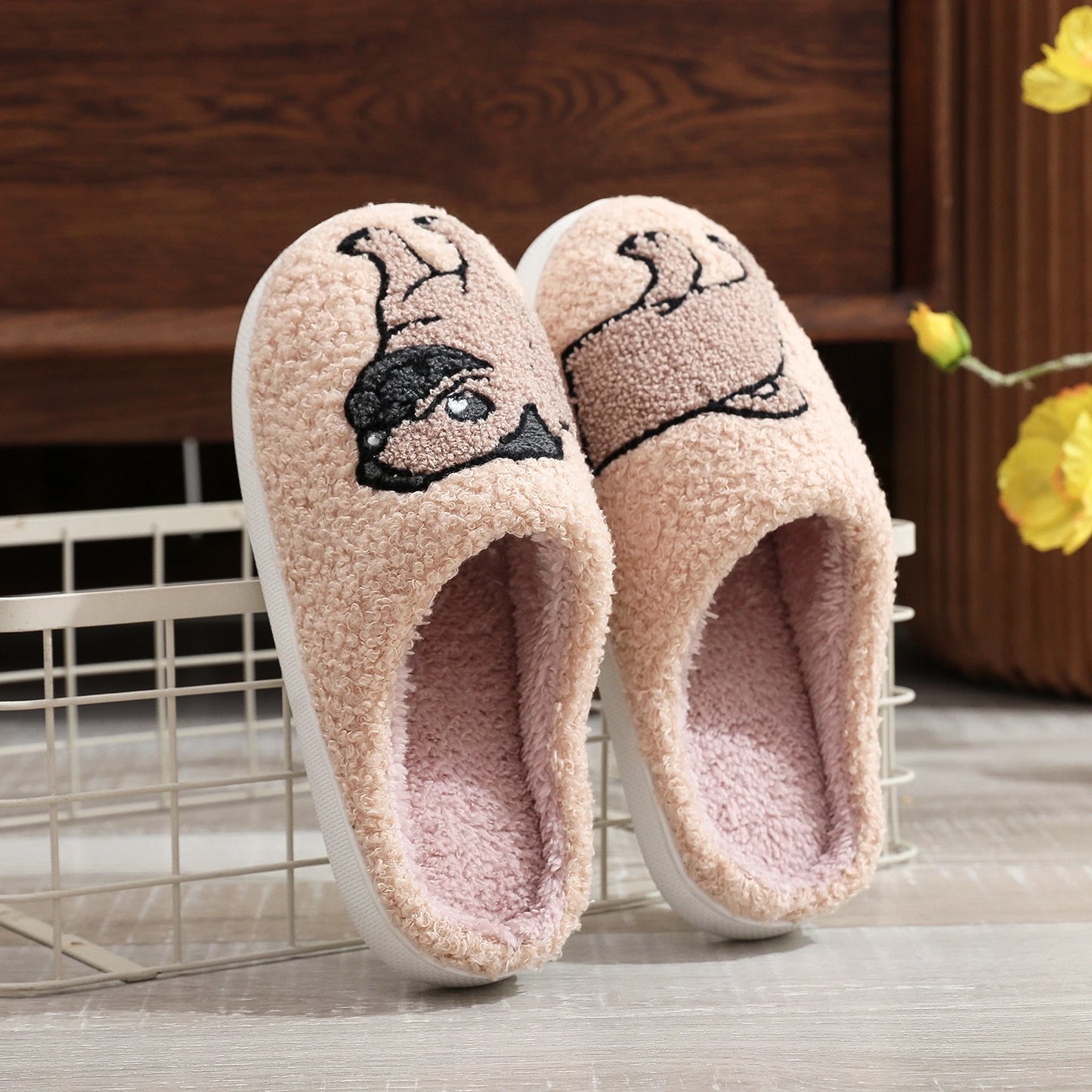 Pug Embroidered Cozy Slippers – Warm & Non-Slip