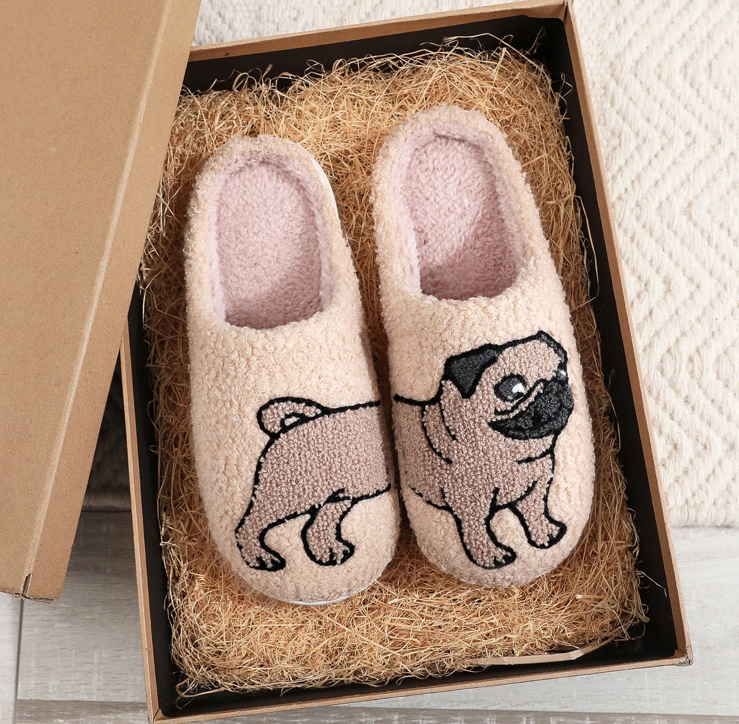 Pug Embroidered Cozy Slippers – Warm & Non-Slip