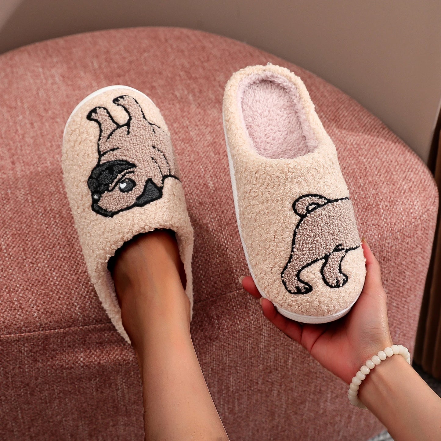 Pug Embroidered Cozy Slippers – Warm & Non-Slip