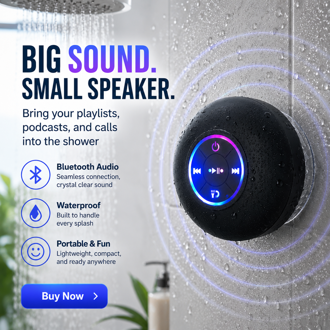 Portable Bluetooth Shower Speaker with LED Light