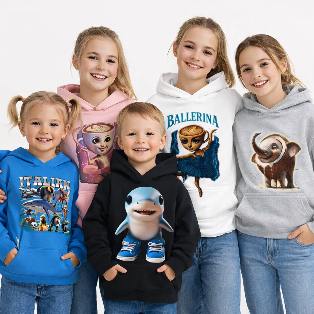 Sweatshirt Meme Viral Italian Brainrot Tendência Idades 3–14